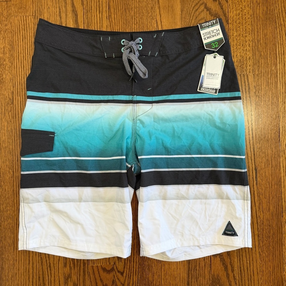 Trinity Stretch Board Shorts Navy Aqua White Size 32 NWT